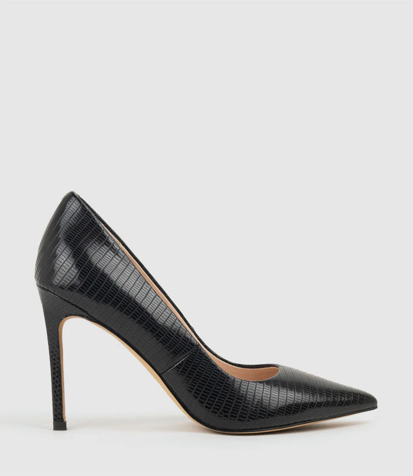 ALLEGRA100 Pointed Stiletto Pump in Black Tejus Lizard Print