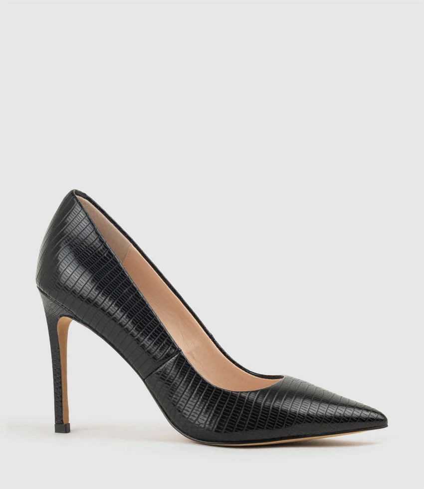 ALLEGRA100 Pointed Stiletto Pump in Black Tejus Lizard Print - Image 3