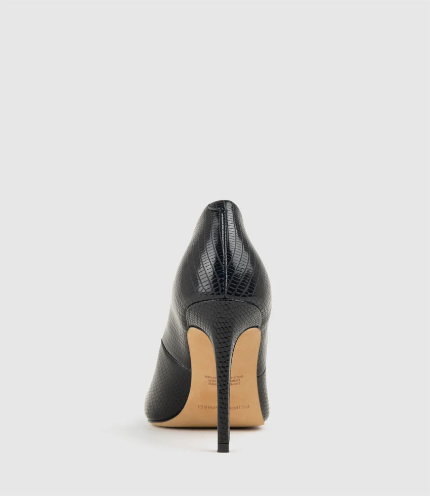 ALLEGRA100 Pointed Stiletto Pump in Black Tejus Lizard Print - Image 4