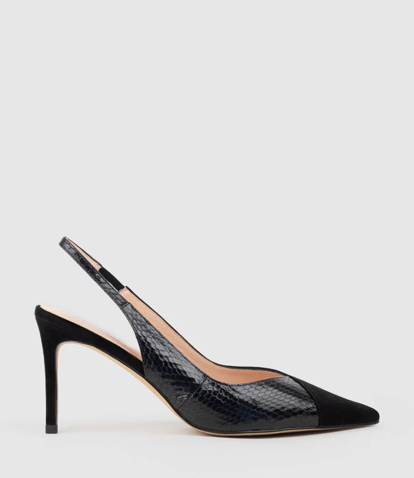 AMITA85 Combination Slingback Pump in Black Suede