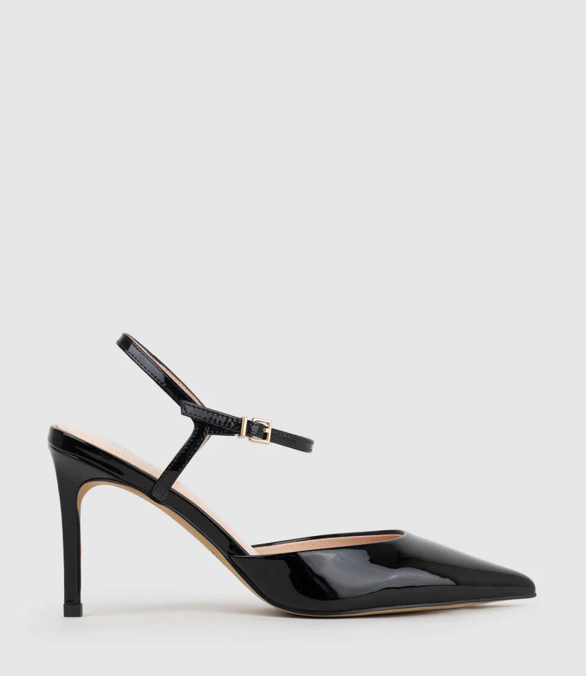 ATTICUS85 Open Waist Pump with Ankle Strap in Black Patent