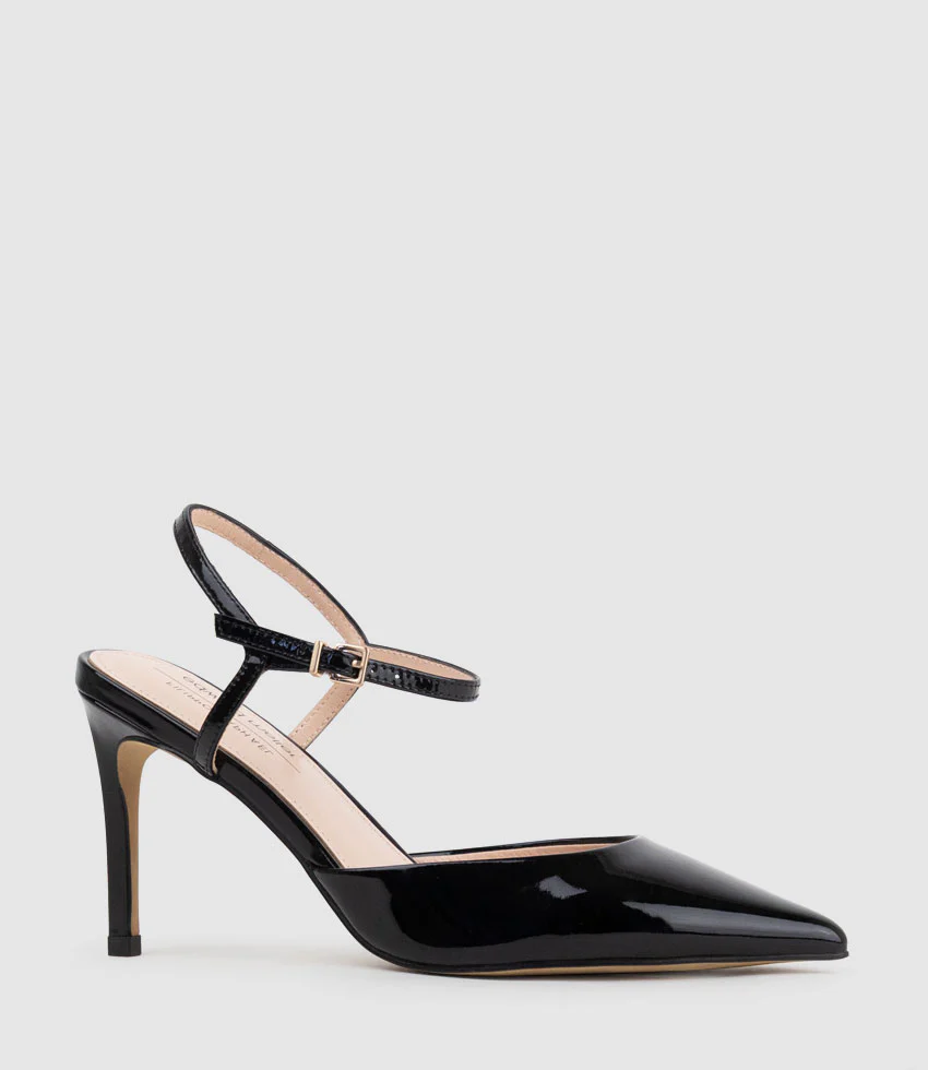ATTICUS85 Open Waist Pump with Ankle Strap in Black Patent - Image 2