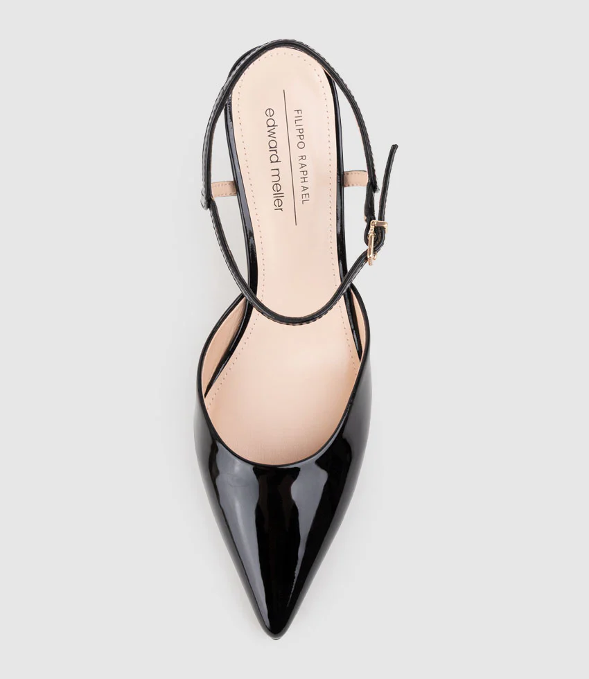 ATTICUS85 Open Waist Pump with Ankle Strap in Black Patent - Image 4