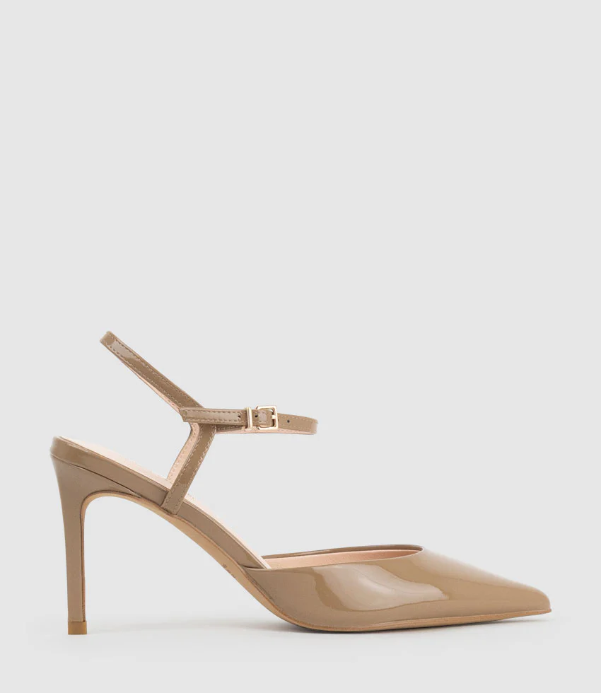 ATTICUS85 Open Waist Pump with Ankle Strap in Latte Patent