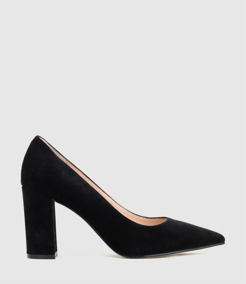BRYNLEY85 Block Heel Pointed Pump in Black Suede