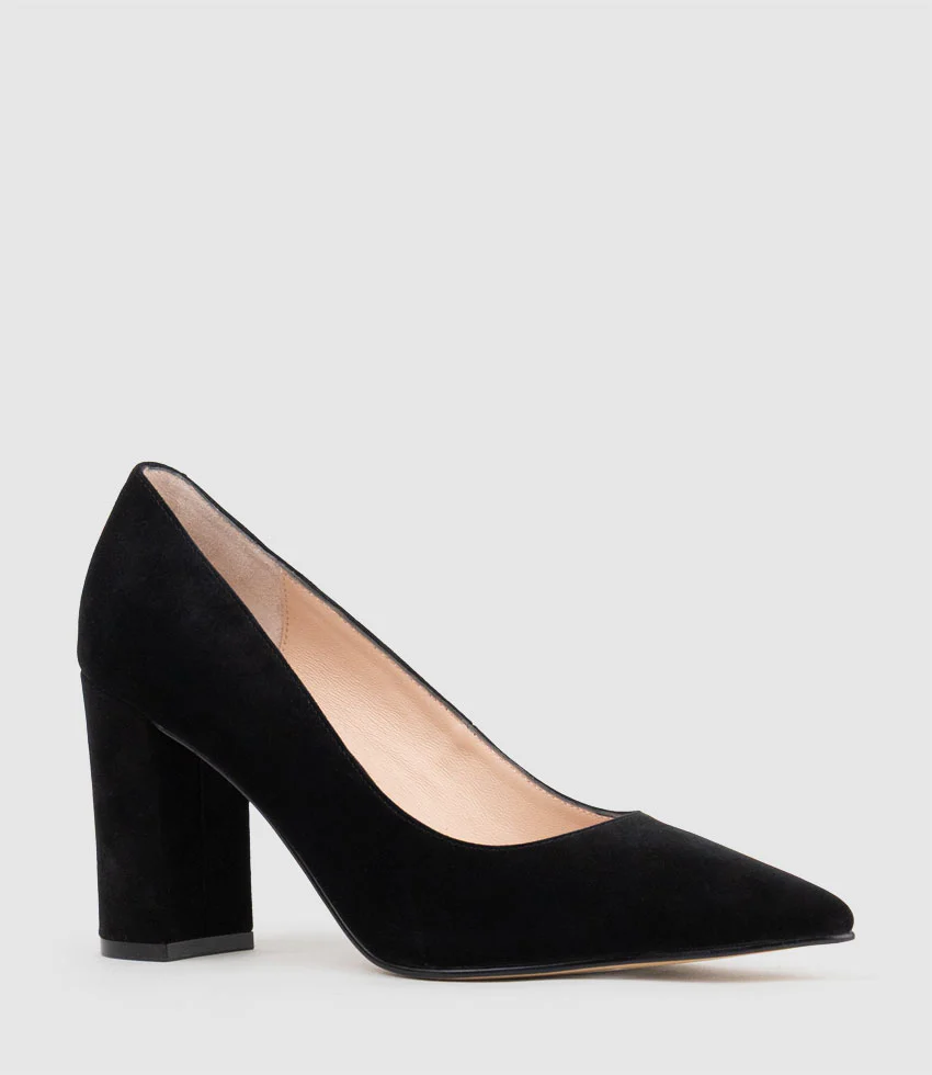 BRYNLEY85 Block Heel Pointed Pump in Black Suede - Image 2