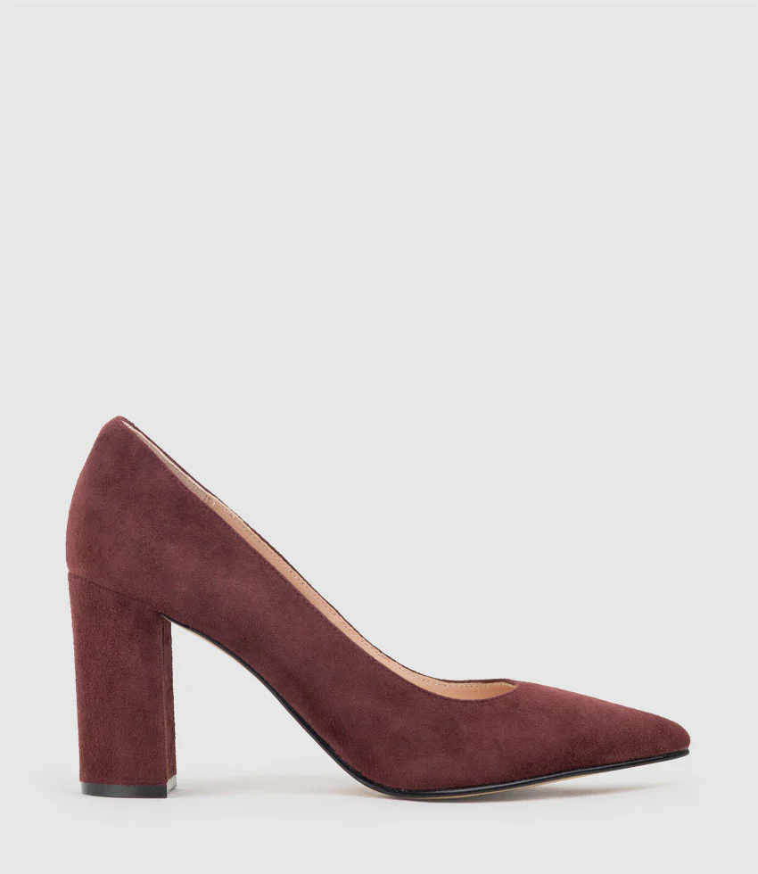 BRYNLEY85 Block Heel Pointed Pump in Wine Suede