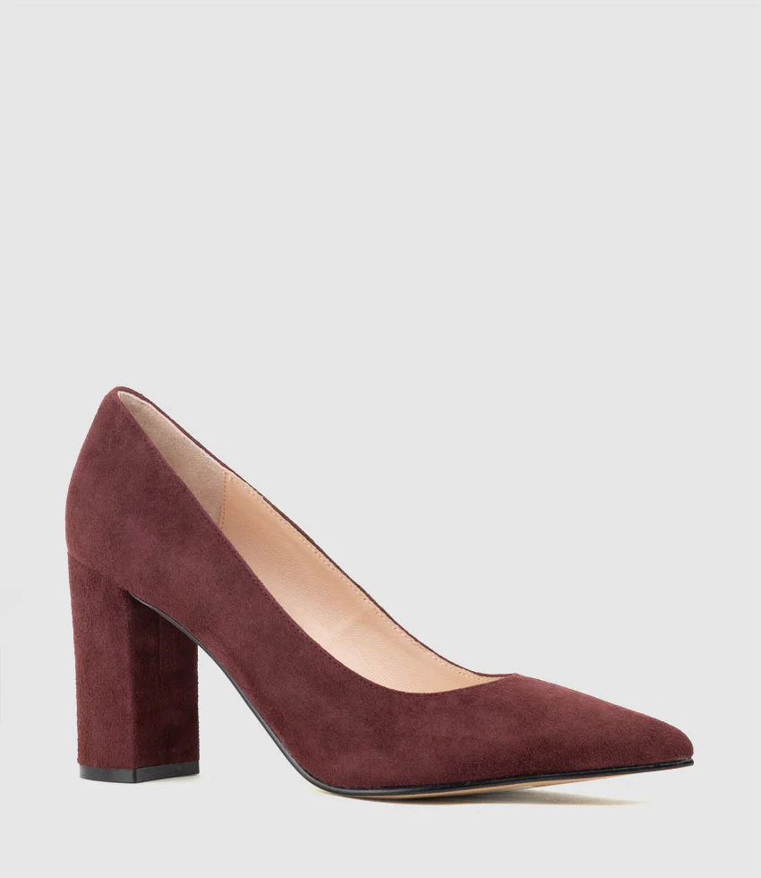 BRYNLEY85 Block Heel Pointed Pump in Wine Suede - Image 2