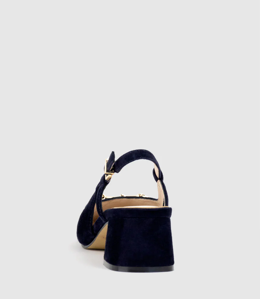 CLEMENTINE45 Closed Toe Sling with Hardware in Navy Suede - Image 3