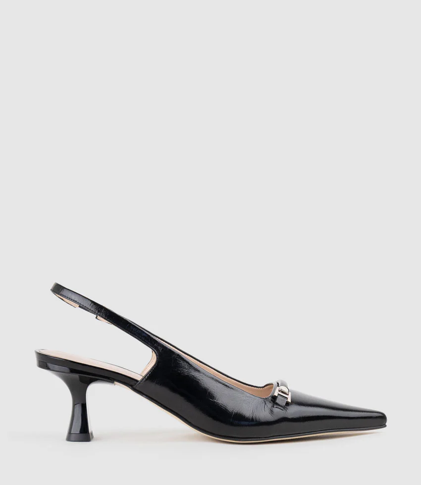 DELTA60 Slingback Pump with Strap in Black Crinkle Patent