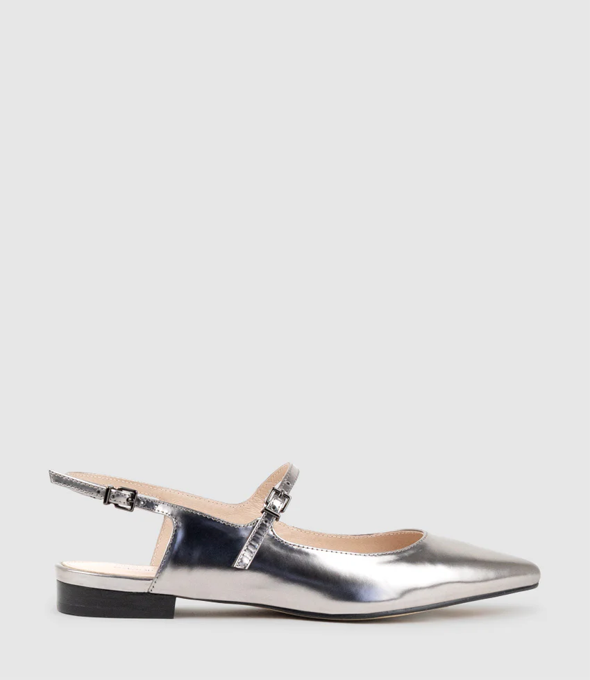 EUGENIA Flat Slingback with Strap in Pewter High Shine