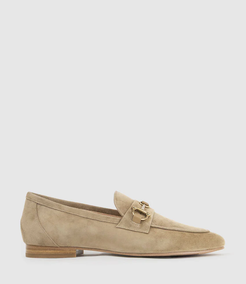 FAUSTINE Loafer with Asymmetrical Trim in Camel Suede