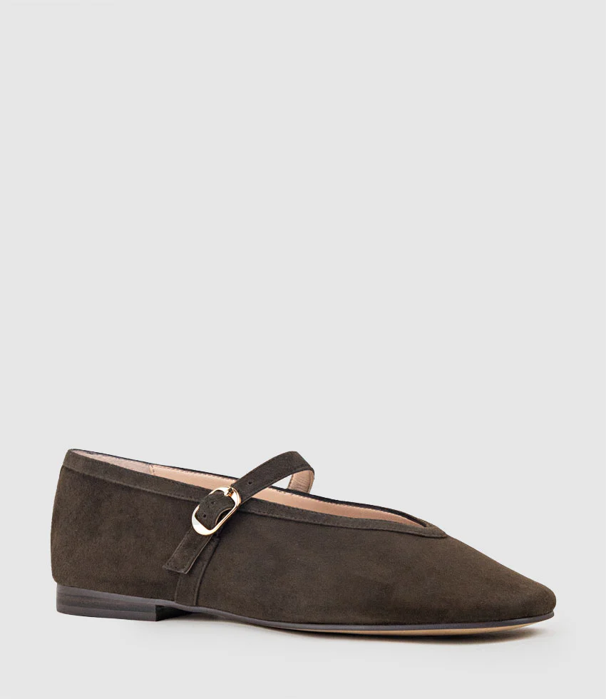 FLAVIA Choked Up Ballet with Strap in Chocolate Suede - Image 3