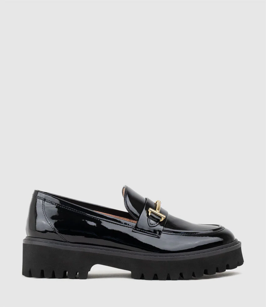 GAVREL Chunky Moccasin with Bar Trim in Black Patent