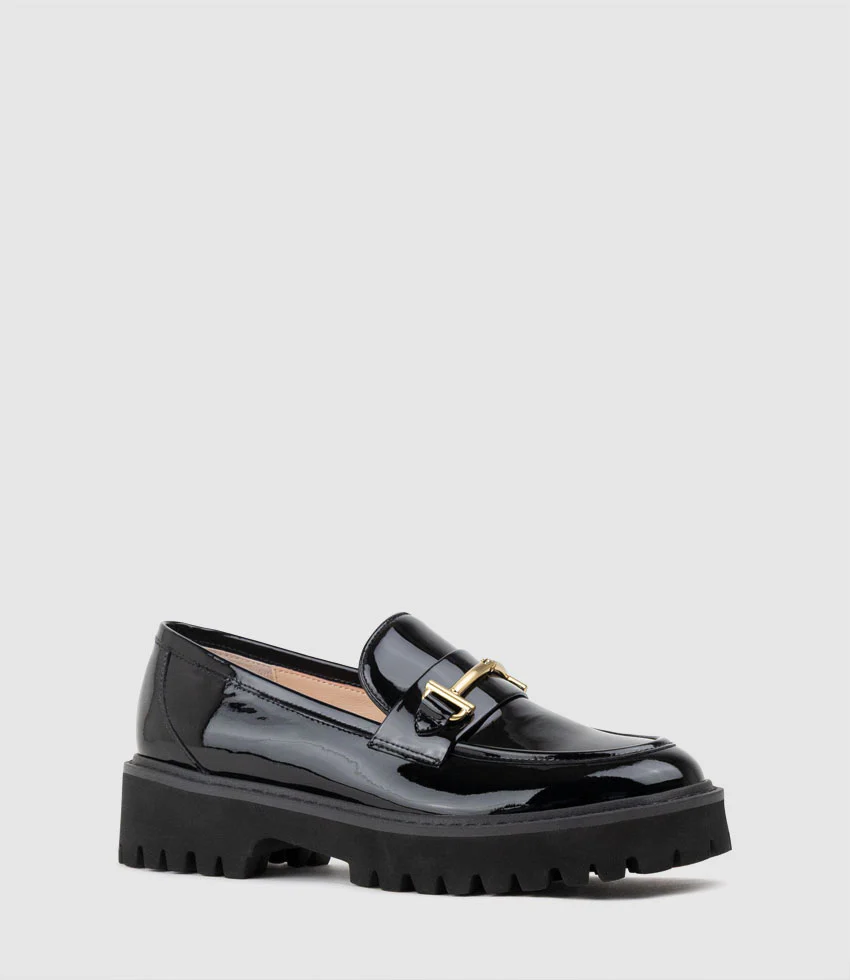 GAVREL Chunky Moccasin with Bar Trim in Black Patent - Image 3