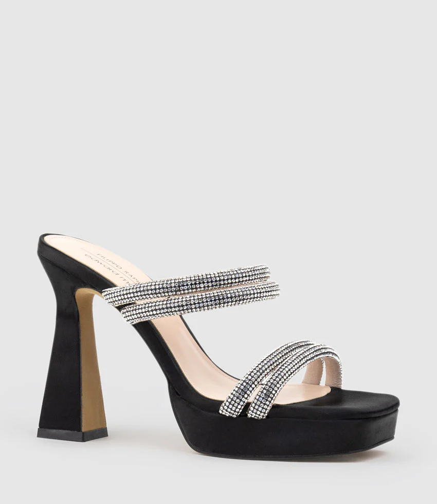 ISLA110 Diamante Mulitband Platform Slide in Black Satin - Image 2