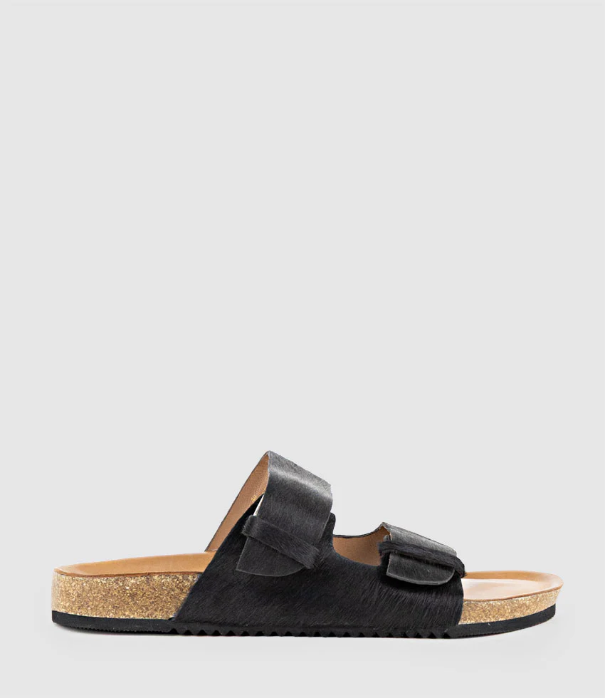 KLEIN Two Strap Slide in Black Pony Hair