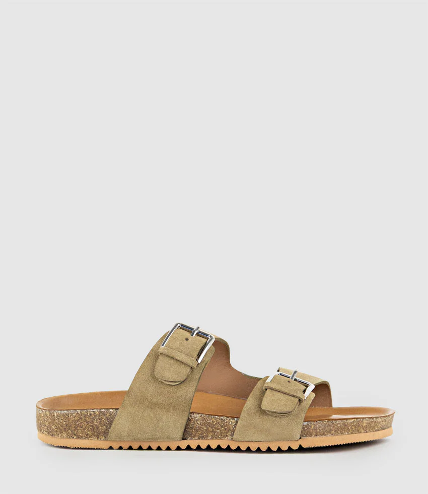 KRYO Two Strap Slide with Buckle in Beige Suede