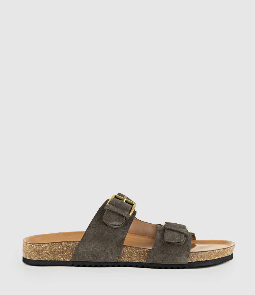 KRYO Two Strap Slide with Buckle in Coffee Suede