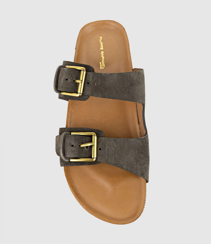 KRYO Two Strap Slide with Buckle in Coffee Suede - Image 4
