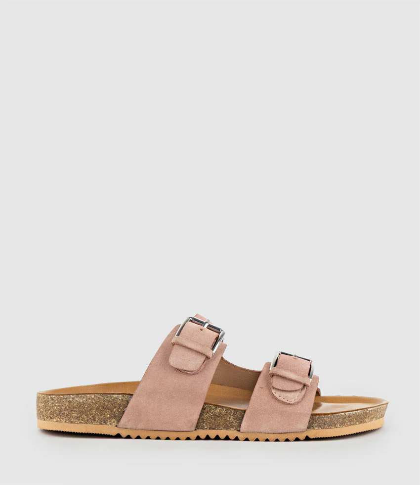 KRYO Two Strap Slide with Buckle in Rose Suede