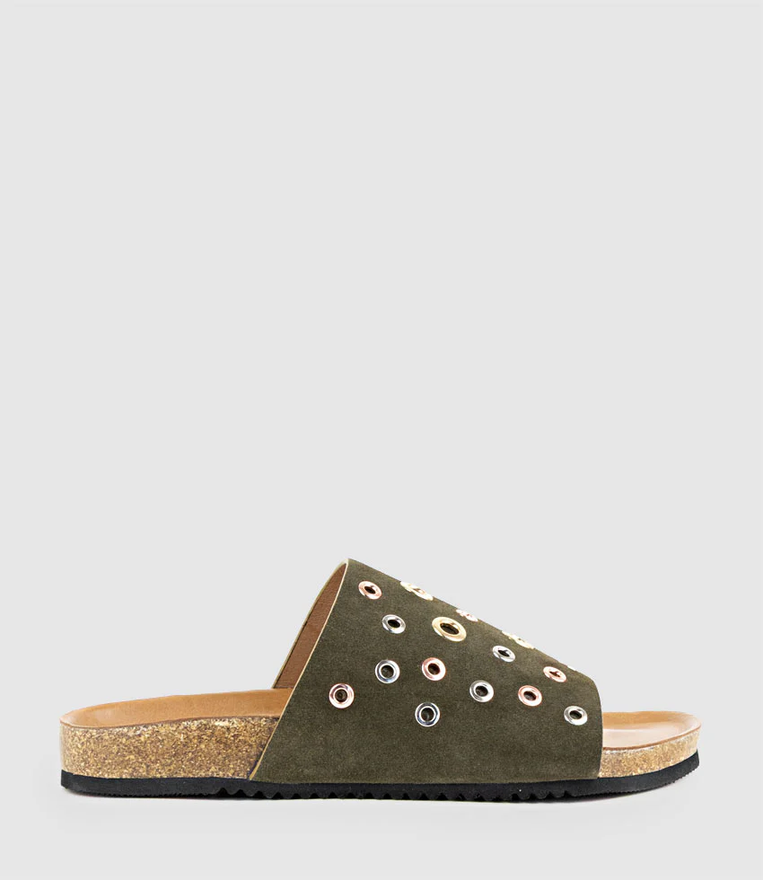 KUNE Slide with Eyelets in Forest Suede