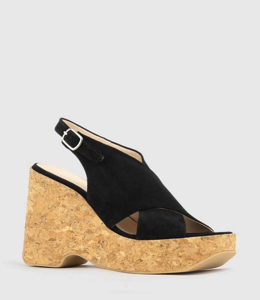 LATINE Crossover Sandal on Cork Unit in Black Suede - Image 3