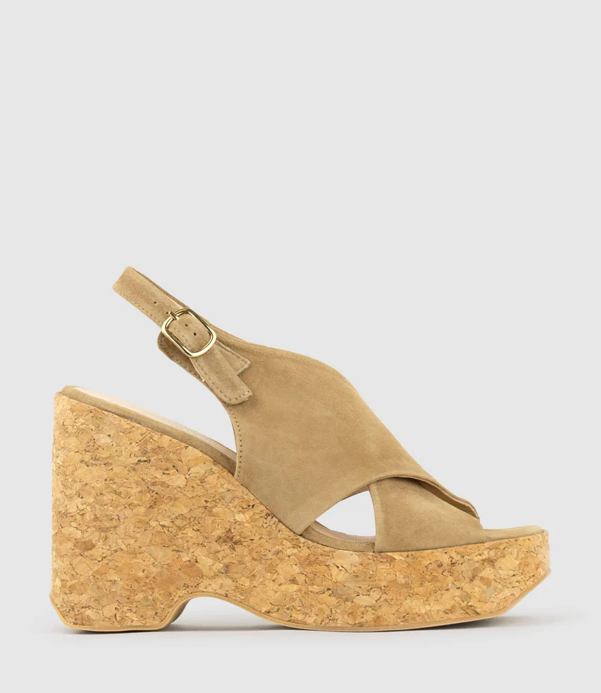 LATINE Crossover Sandal on Cork Unit in Tan Suede