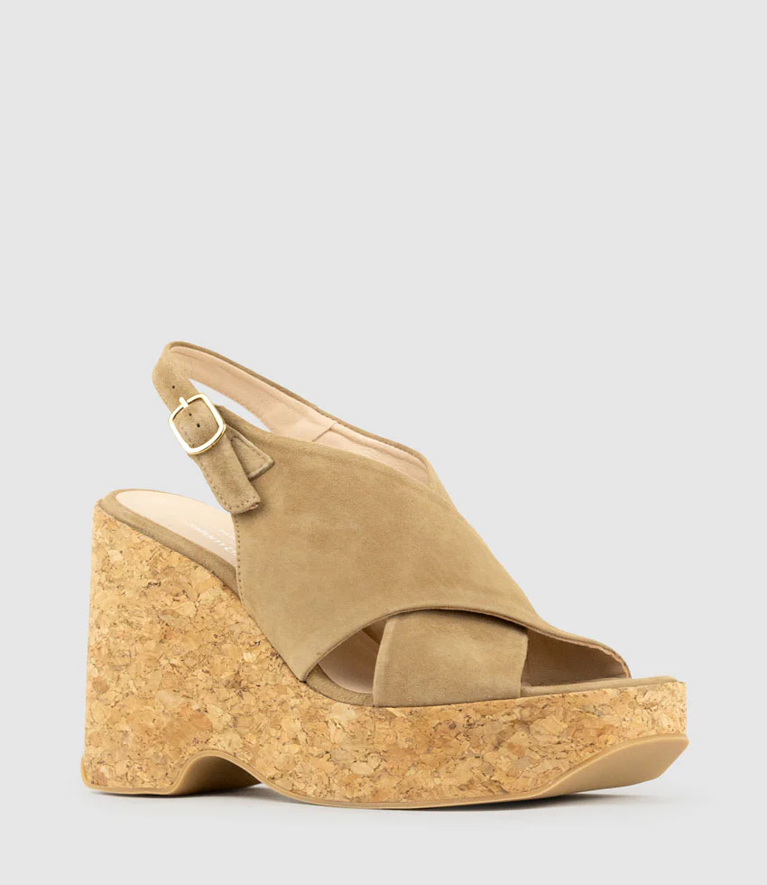 LATINE Crossover Sandal on Cork Unit in Tan Suede - Image 3