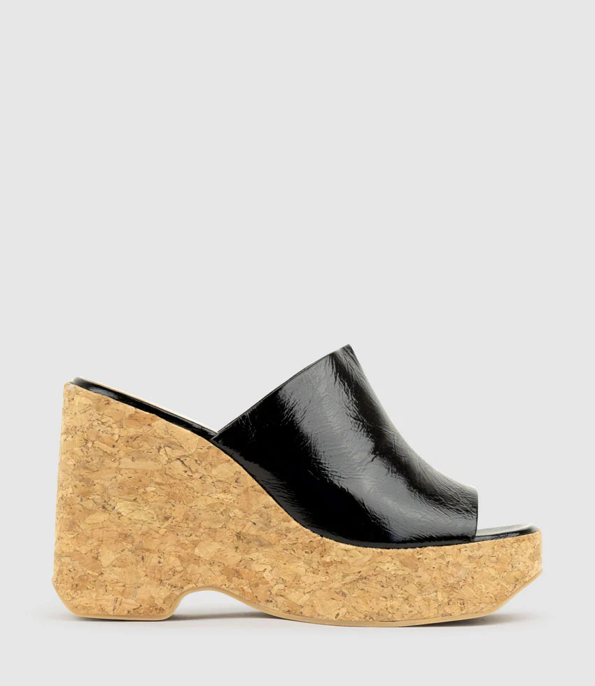 LAVERN Slide on Cork Unit in Black Crinkle Patent