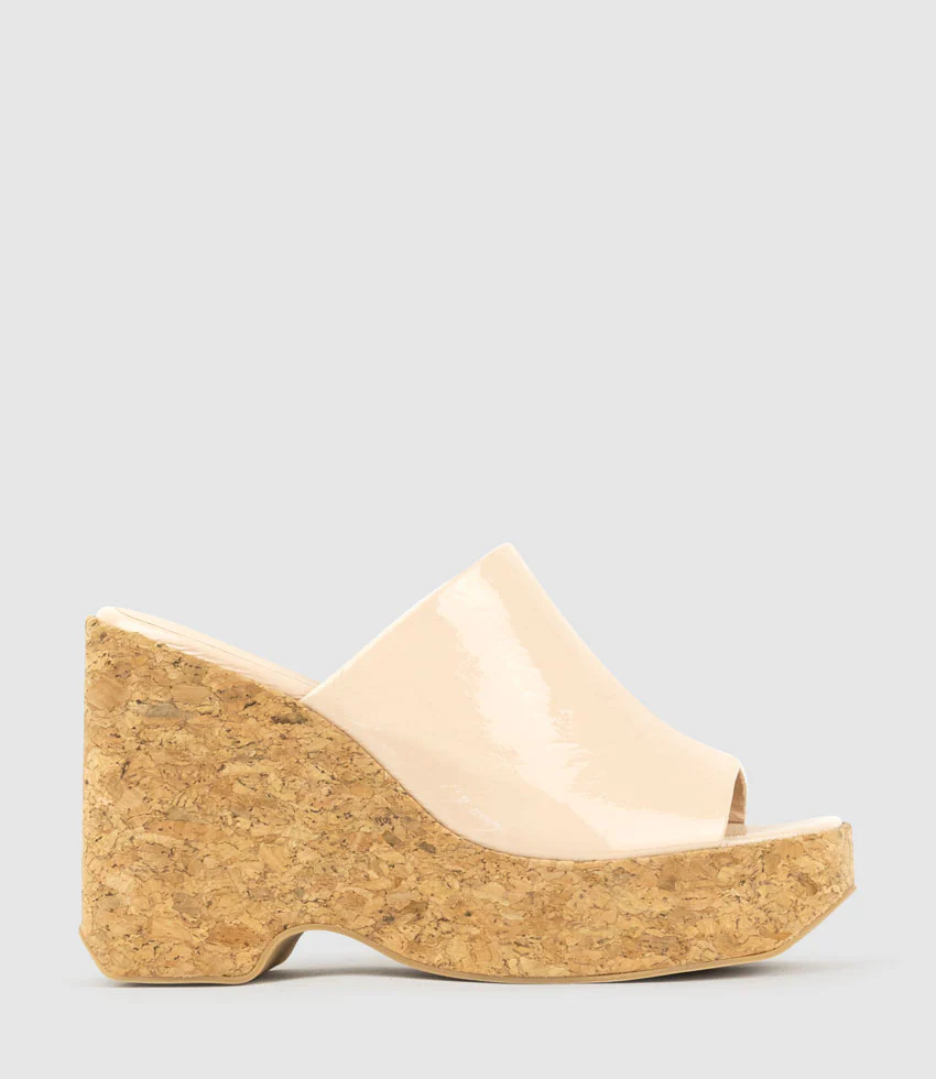 LAVERN Slide on Cork Unit in Nude Crinkle Patent