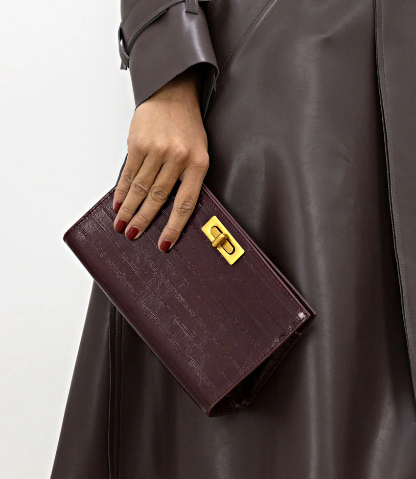 NAYLA Bag with Twist Hardware in Black Cherry Eel Print - Image 3