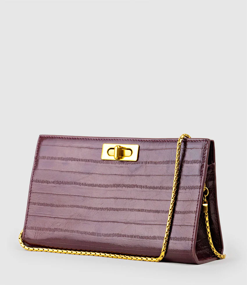 NAYLA Bag with Twist Hardware in Black Cherry Eel Print - Image 4