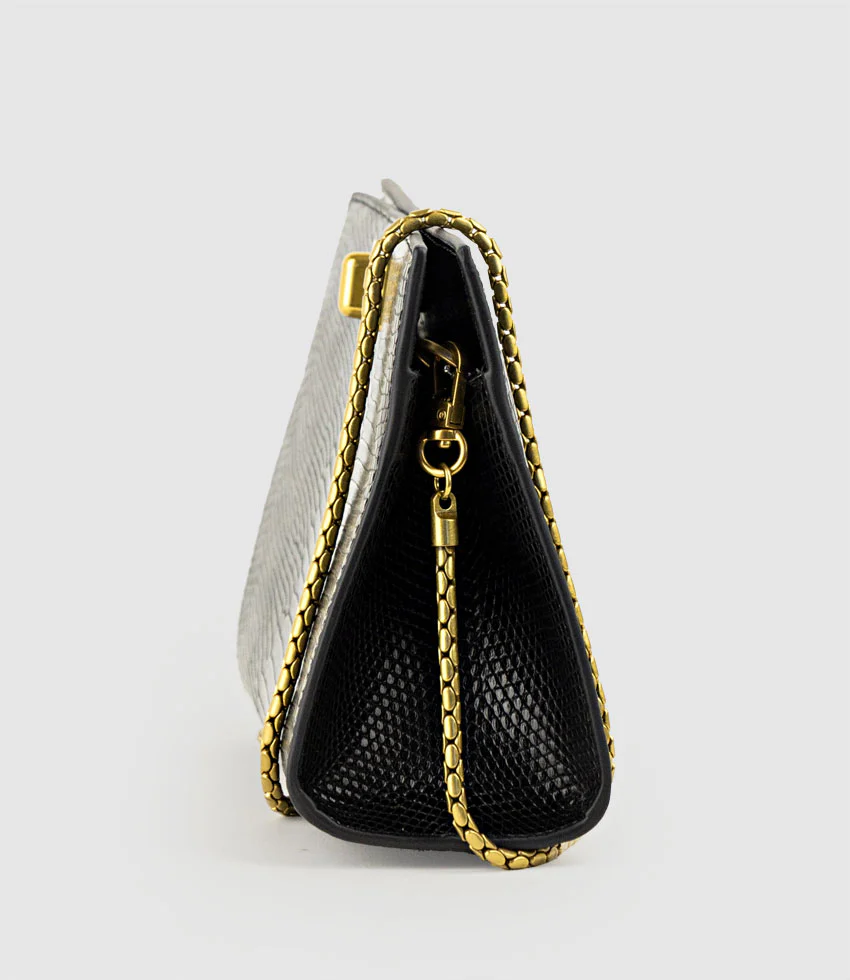 NAYLA Bag with Twist Hardware in Black Tejus Lizard Print - Image 4