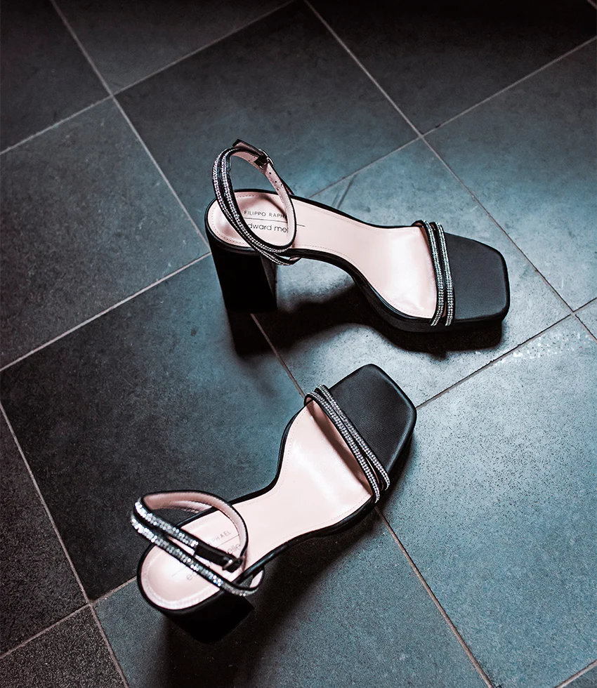 RASSO95 Platform Sandal with Diamante Straps in Black Satin - Image 2