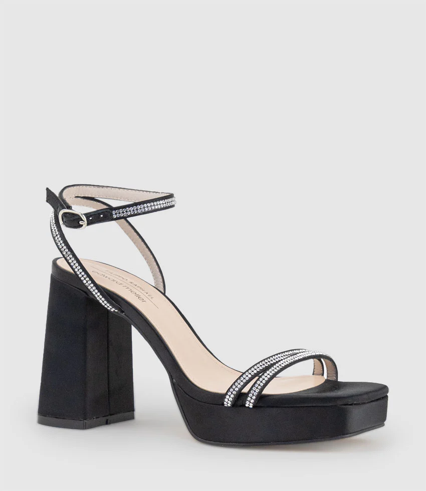 RASSO95 Platform Sandal with Diamante Straps in Black Satin - Image 3