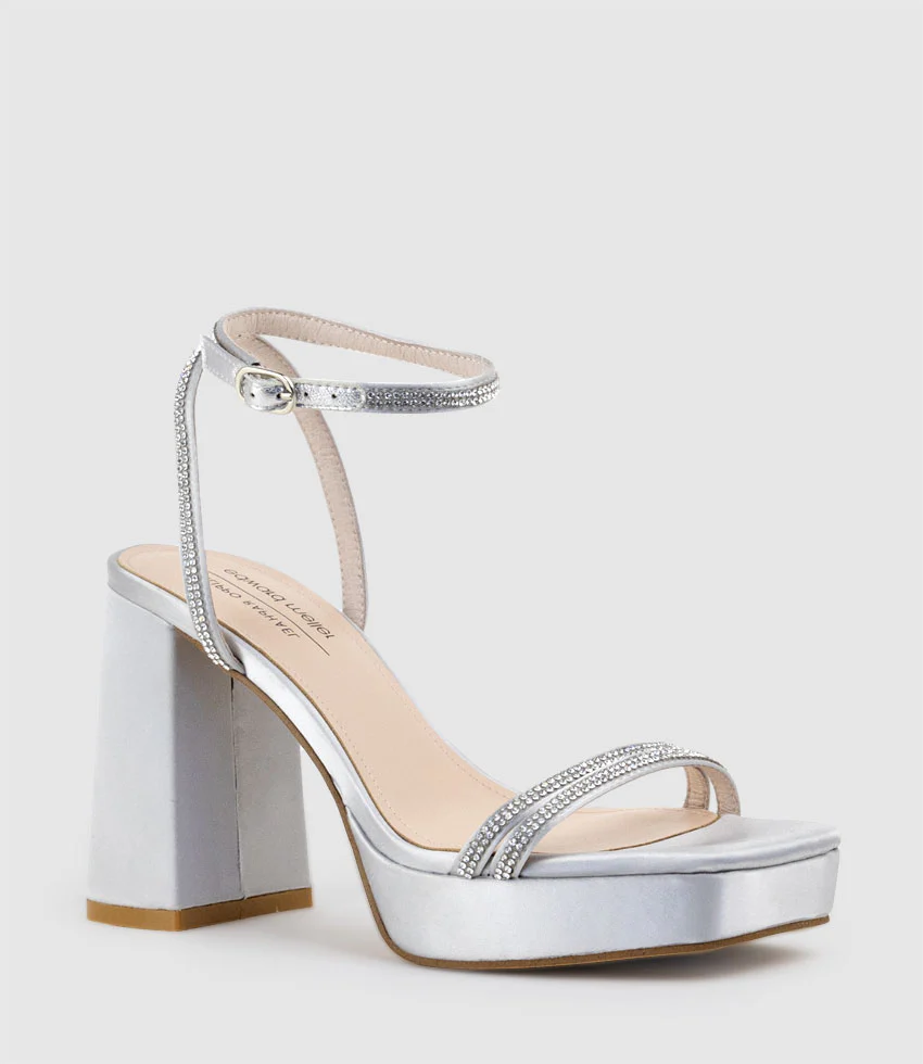 RASSO95 Platform Sandal with Diamante Straps in Silver Satin - Image 3