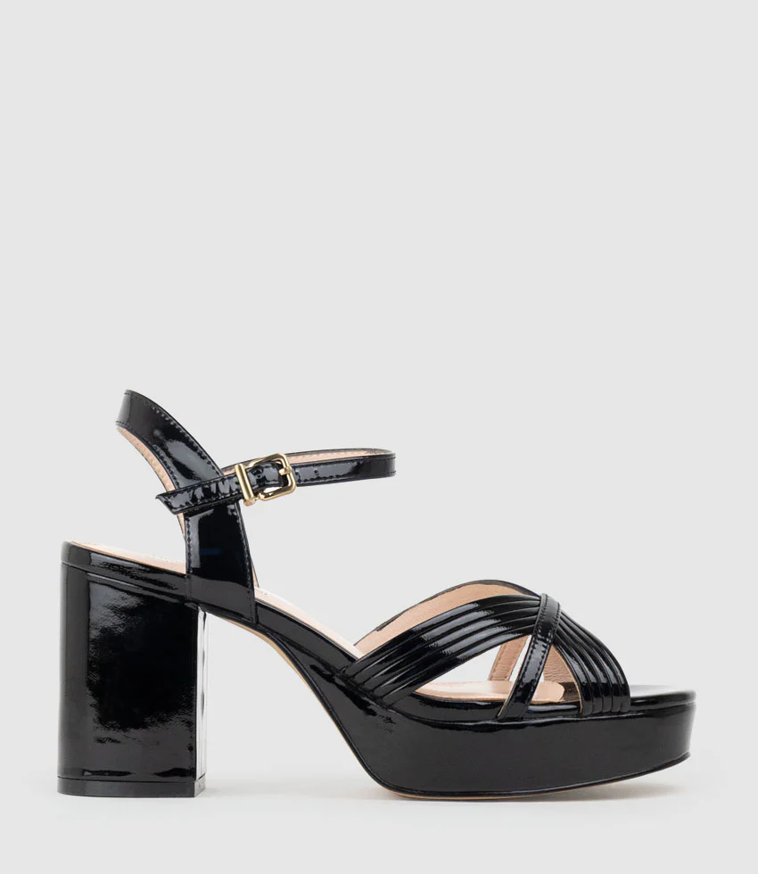 RAYNE80 Strappy Crossover Platform Sandal in Black Patent