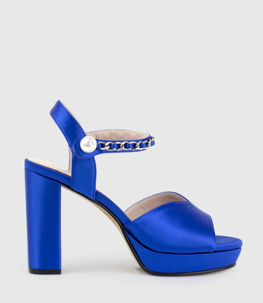 REGAN100 Platform Sandal with Chain in Cobalt Satin