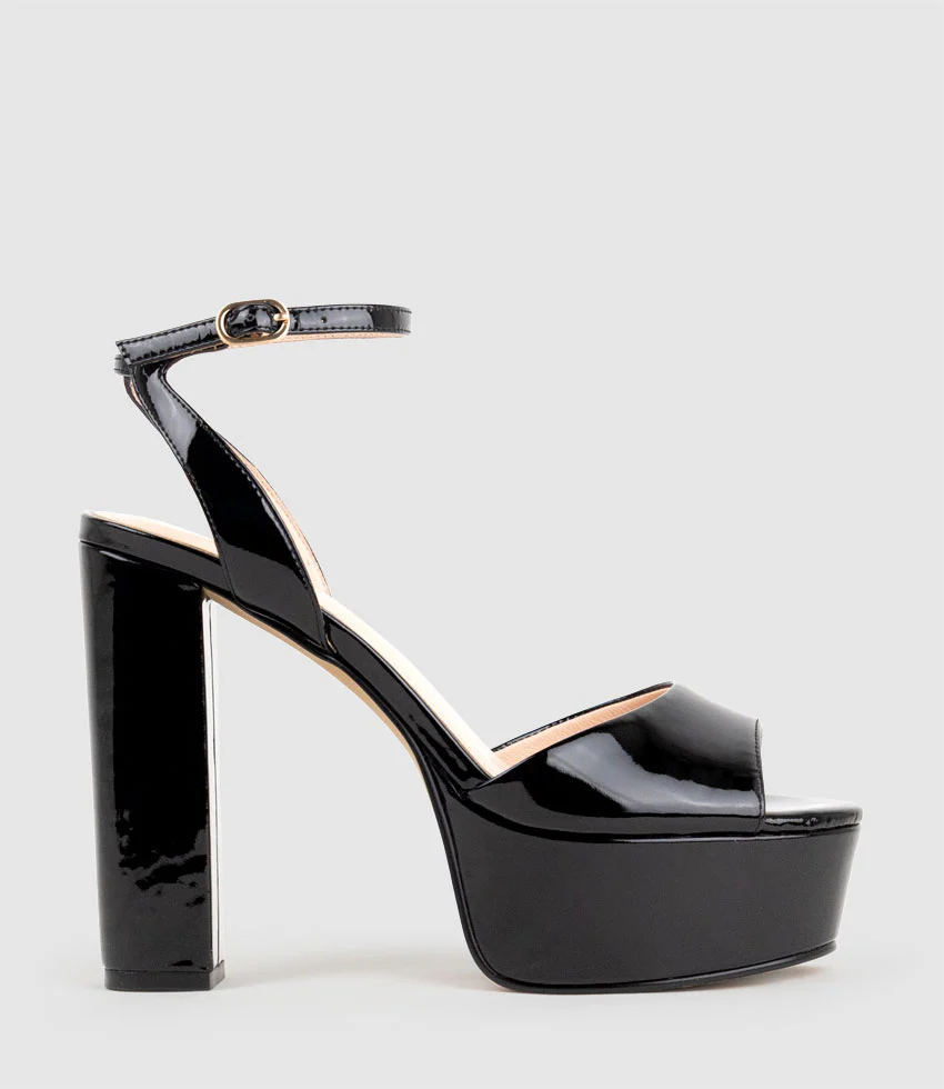 REGANA125 Open Toe Platform Sandal in Black Patent