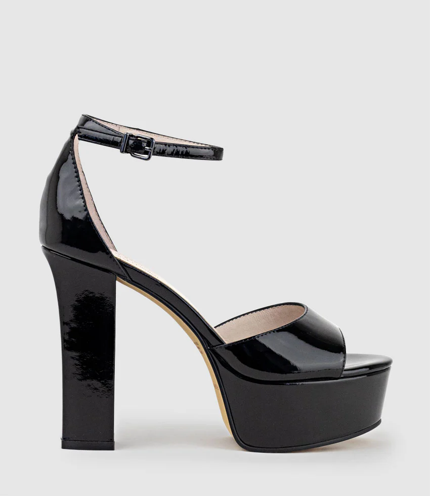 ROXY125 Open Toe Platform Sandal in Black Patent