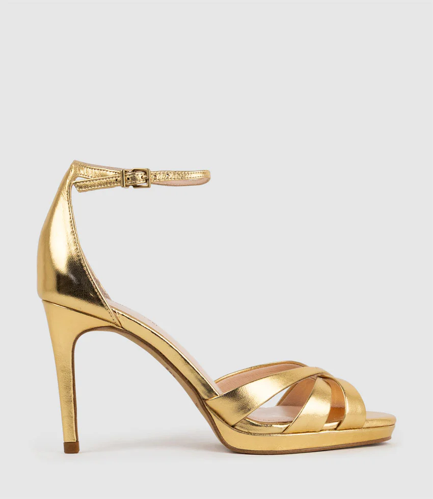 SADIE90 Strappy Crossover Platform Sandal in Aged Gold