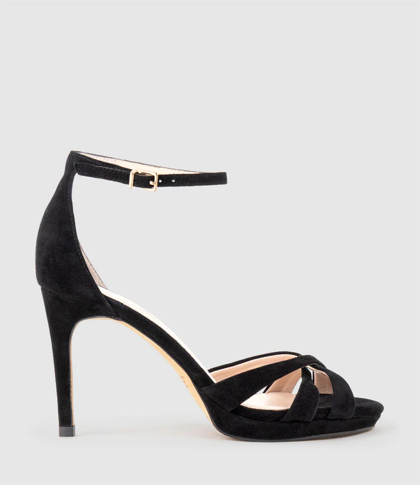 SADIE90 Strappy Crossover Platform Sandal in Black Suede