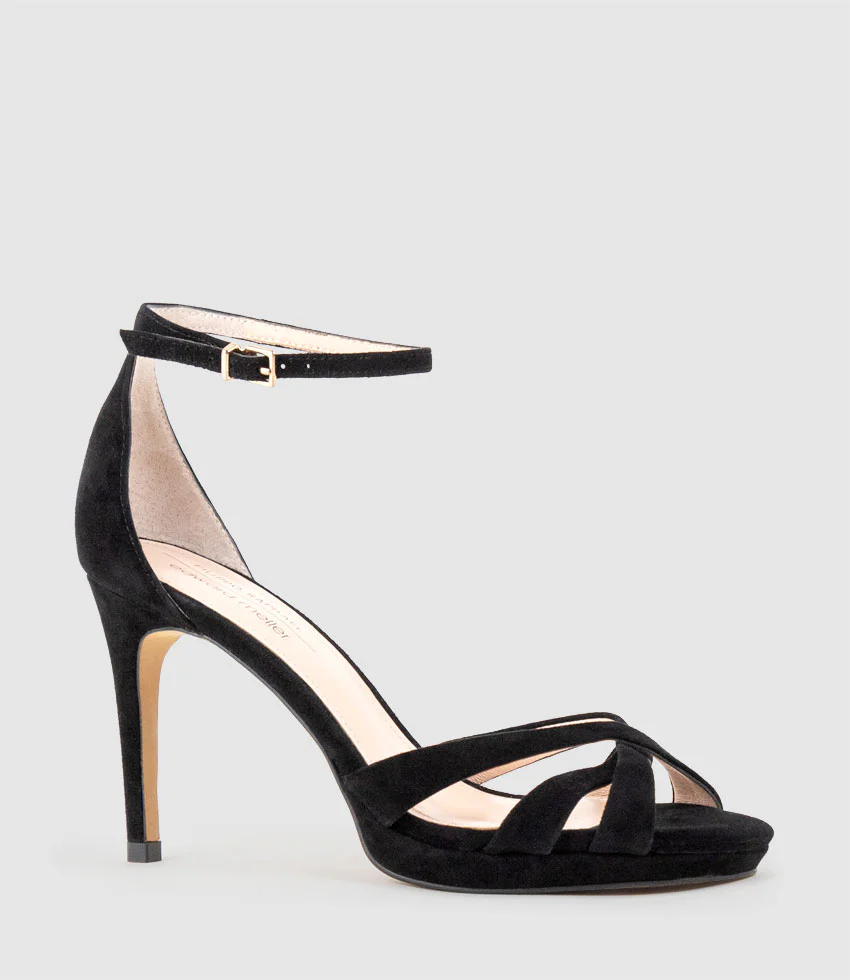 SADIE90 Strappy Crossover Platform Sandal in Black Suede - Image 3