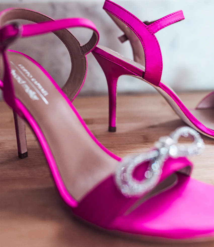 SERENE100 Sandal with Crystal Bow in Hot Pink Satin - Image 2