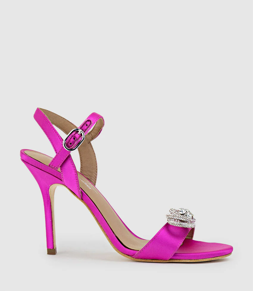 SERENE100 Sandal with Crystal Bow in Hot Pink Satin - Image 3