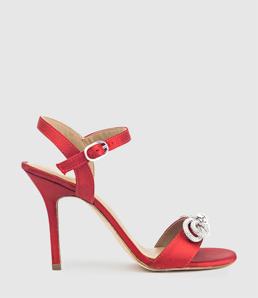 SERENE100 Sandal with Crystal Bow in Red Satin