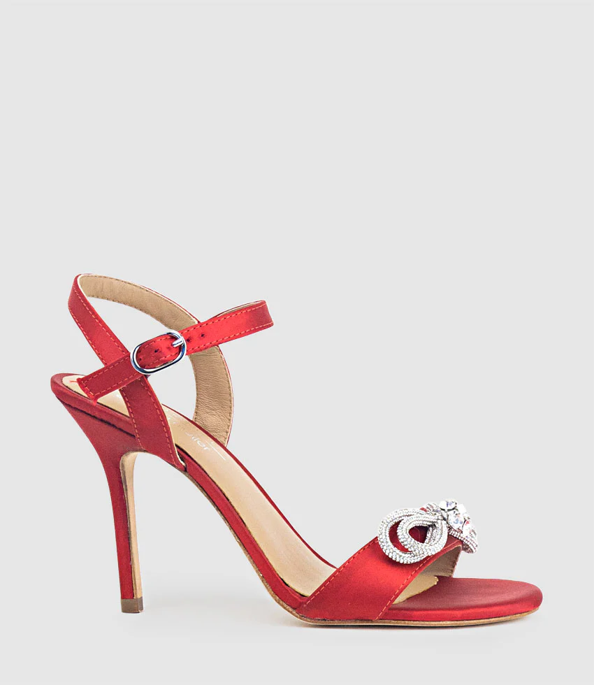 SERENE100 Sandal with Crystal Bow in Red Satin - Image 3