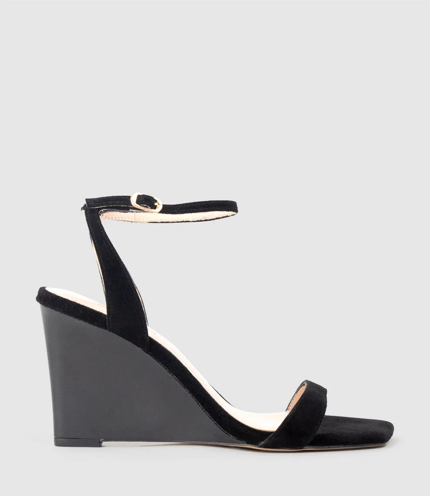SHANIA90 Single Strap Sandal on Wedge in Black Suede
