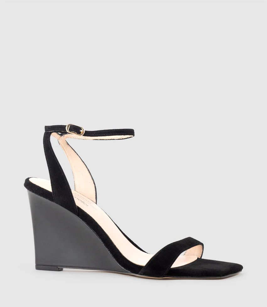 SHANIA90 Single Strap Sandal on Wedge in Black Suede - Image 3